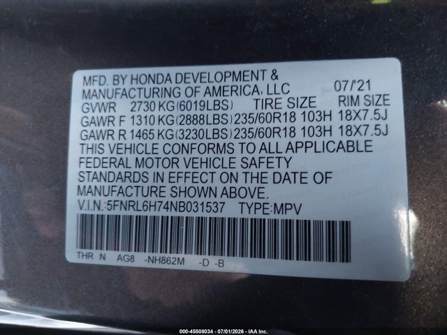 Honda Odyssey Ex-l 2022 5FNRL6H74NB031537 Image 9
