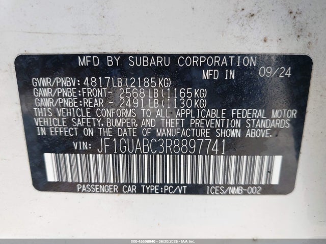 Aukcja sprzedaży 2024 Subaru Impreza Base 5-door, vin: JF1GUABC3R8897741, numer aukcji: 45508040