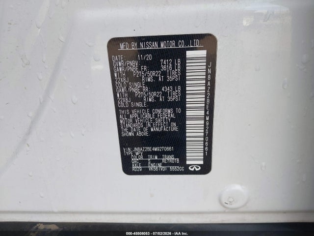 45508053 :رقم المزاد ، JN8AZ2BE4M9270661 vin ، 2021 Infiniti Qx80 Sensory Awd مزاد بيع