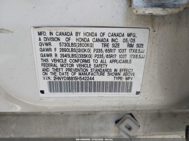 45508069 :رقم المزاد ، 2HNYD18815H542244 vin ، 2005 Acura Mdx مزاد بيع