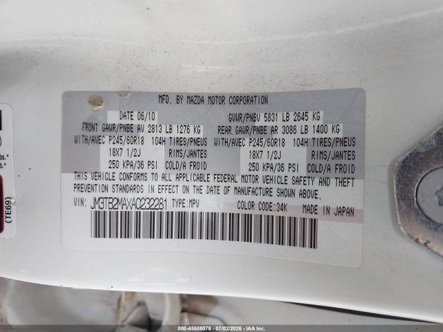 Продажа на аукционе авто 2010 Mazda Cx-9 Touring, vin: JM3TB2MAXA0232281, номер лота: 45508076