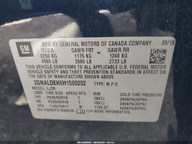 45508085 :رقم المزاد ، 2GNALDEK6H1500202 vin ، 2017 Chevrolet Equinox Premier مزاد بيع