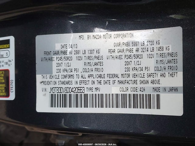 45508097 :رقم المزاد ، JM3TB3DV8D0420553 vin ، 2013 Mazda Cx-9 Grand Touring مزاد بيع