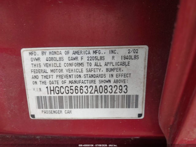 Продаж на аукціоні авто 2002 Honda Accord 2.3 Ex, vin: 1HGCG566328083293, номер лоту: 45508106