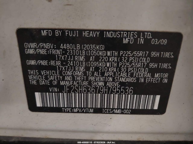 2009 Subaru Forester 2.5x მანქანა იყიდება აუქციონზე, vin: JF2SH63679H795536, აუქციონის ნომერი: 45508115
