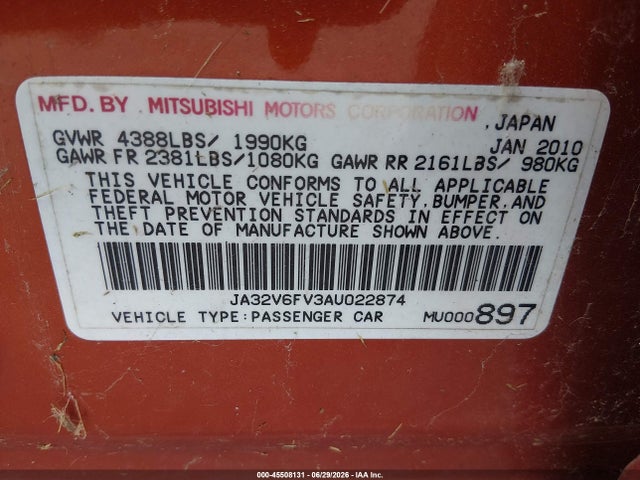 Aukcja sprzedaży 2010 Mitsubishi Lancer Ralliart, vin: JA32V6FV3AU022874, numer aukcji: 45508131