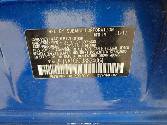 Aukcja sprzedaży 2018 Subaru Wrx Premium, vin: JF1VA1C60J8824064, numer aukcji: 45508138