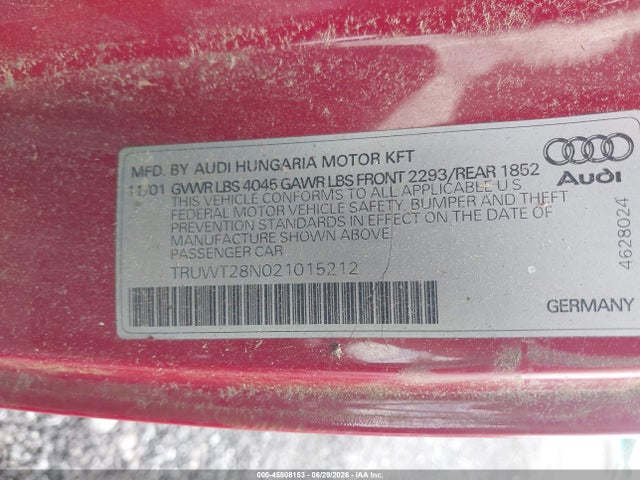 Продажа на аукционе авто 2002 Audi Tt 1.8l, vin: TRUWT28N021015212, номер лота: 45508153