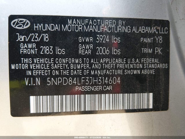 45508171 :رقم المزاد ، 5NPD84LF3JH314604 vin ، 2018 Hyundai Elantra Value Edition مزاد بيع