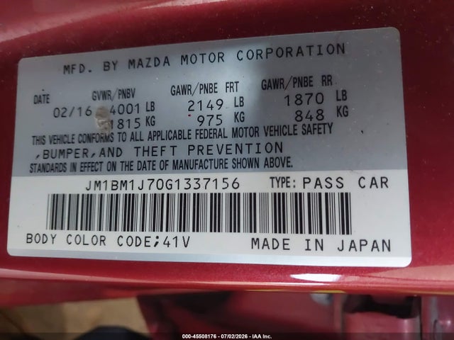 2016 Mazda Mazda3 I Sport მანქანა იყიდება აუქციონზე, vin: JM1BM1J70G1337156, აუქციონის ნომერი: 45508176