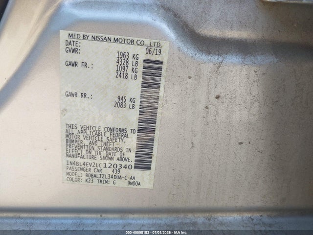 Auction sale of the 2020 Nissan Altima Sl Fwd, vin: 1N4BL4EV2LC120340, lot number: 45508183