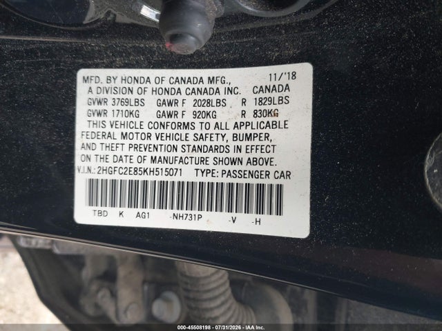 2019 Honda Civic Sport მანქანა იყიდება აუქციონზე, vin: 2HGFC2E85KH515071, აუქციონის ნომერი: 45508198