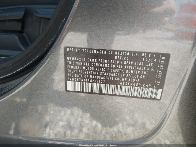 2015 Volkswagen Jetta 2.0l S მანქანა იყიდება აუქციონზე, vin: 3VW2K7AJ4FM268927, აუქციონის ნომერი: 45508209