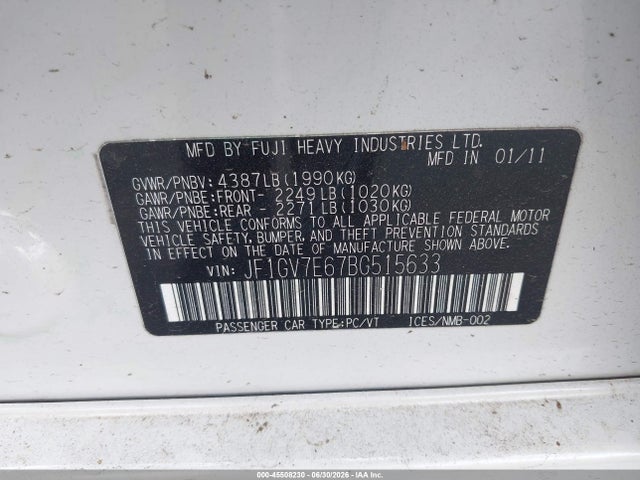 Aukcja sprzedaży 2011 Subaru Impreza Wrx, vin: JF1GV7E67BG515633, numer aukcji: 45508230