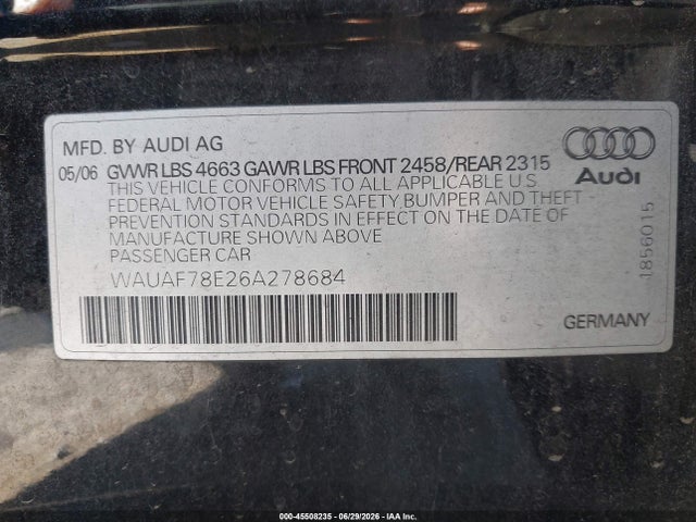 45508235 :رقم المزاد ، WAUAF78E26A278684 vin ، 2006 Audi A4 2.0t مزاد بيع