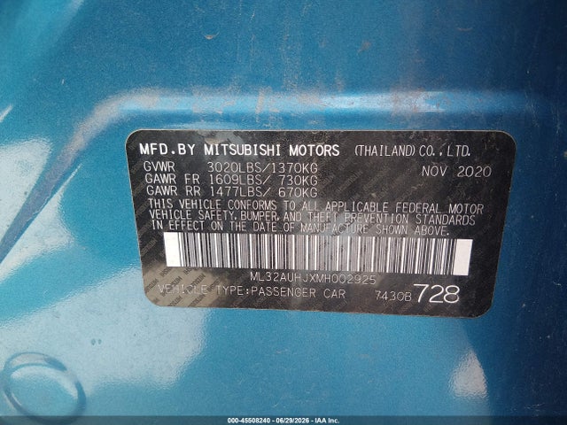 Aukcja sprzedaży 2021 Mitsubishi Mirage Carbonite Edition/es/le, vin: ML32AUHJXMH002925, numer aukcji: 45508240