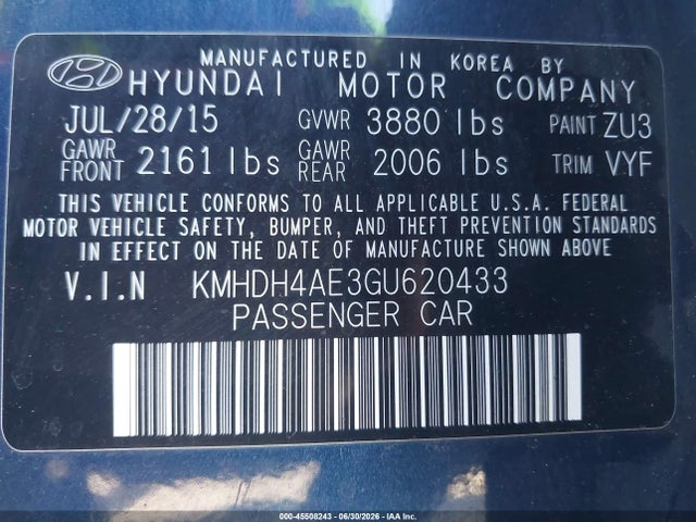 Aukcja sprzedaży 2016 Hyundai Elantra Value Edition, vin: KMHDH4AE3GU620433, numer aukcji: 45508243