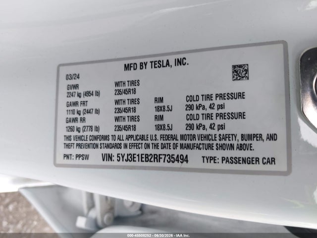 Tesla Model 3 Long Range Dual Motor All-wheel Drive 2024 5YJ3E1EB2RF735494 Image 9