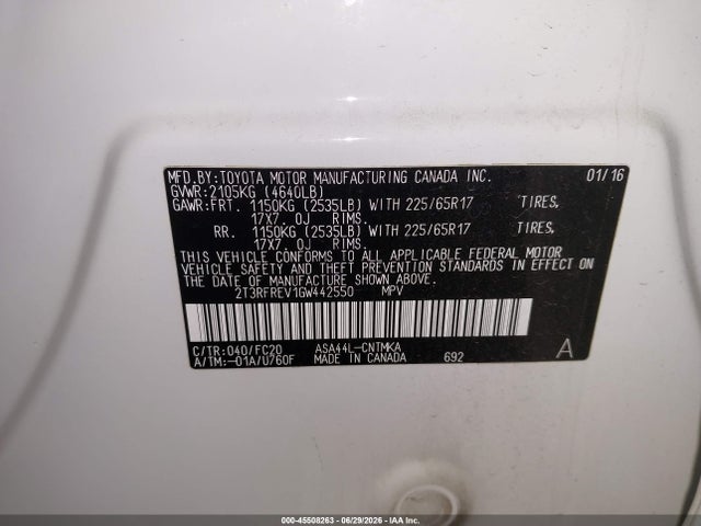 2T3RFREV1GW442550 Toyota Rav4 Xle