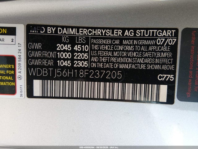 Aukcja sprzedaży 2008 Mercedes-benz Clk 350, vin: WDBTJ56H18F237205, numer aukcji: 45508264
