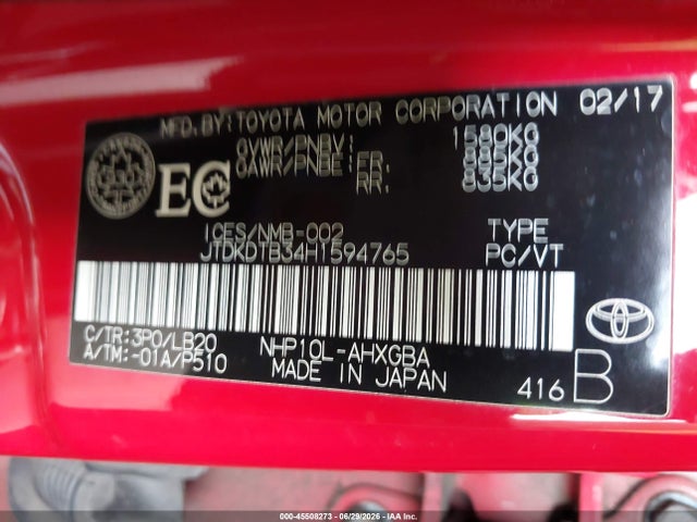 45508273 :رقم المزاد ، JTDKDTB34H1594765 vin ، 2017 Toyota Prius C Technology مزاد بيع
