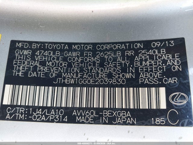 Aukcja sprzedaży 2014 Lexus Es 300h, vin: JTHBW1GG0E2039830, numer aukcji: 45508271
