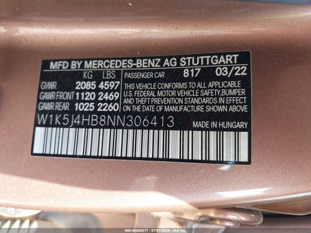 Продаж на аукціоні авто 2022 Mercedes-benz Cla 250 4matic, vin: W1K5J4HB8NN306413, номер лоту: 45508277