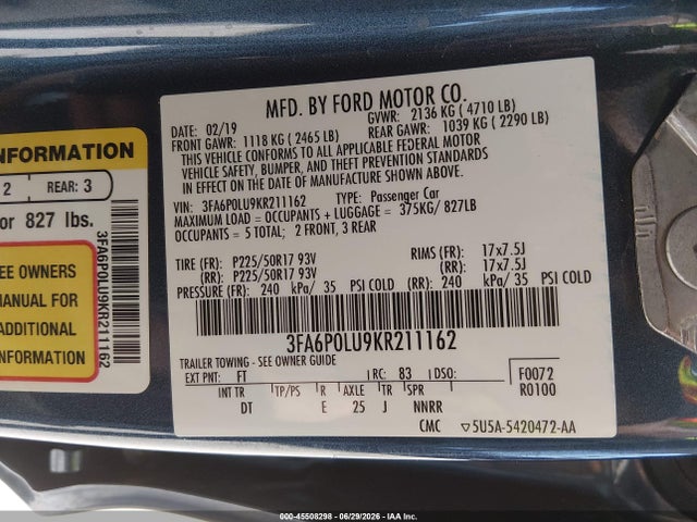 3FA6P0LU9KR211162 Ford Fusion Hybrid Se