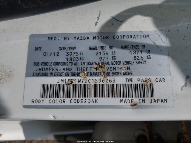 Aukcja sprzedaży 2012 Mazda Mazda3 I Grand Touring, vin: JM1BL1W75C1596263, numer aukcji: 45508337