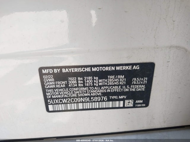 2022 Bmw X7 Xdrive40i მანქანა იყიდება აუქციონზე, vin: 5UXCW2C09N9L58976, აუქციონის ნომერი: 45508349