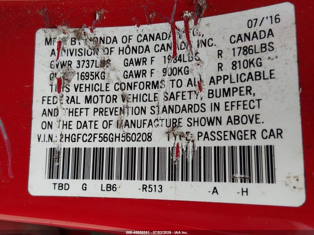 Honda Civic Lx 2016 2HGFC2F56GH560208 Image 9