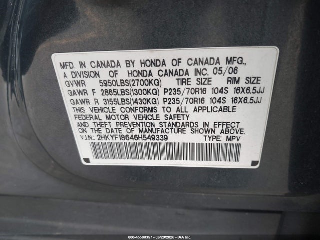 Продажа на аукционе авто 2006 Honda Pilot Ex-l, vin: 2HKYF18646H549339, номер лота: 45508357