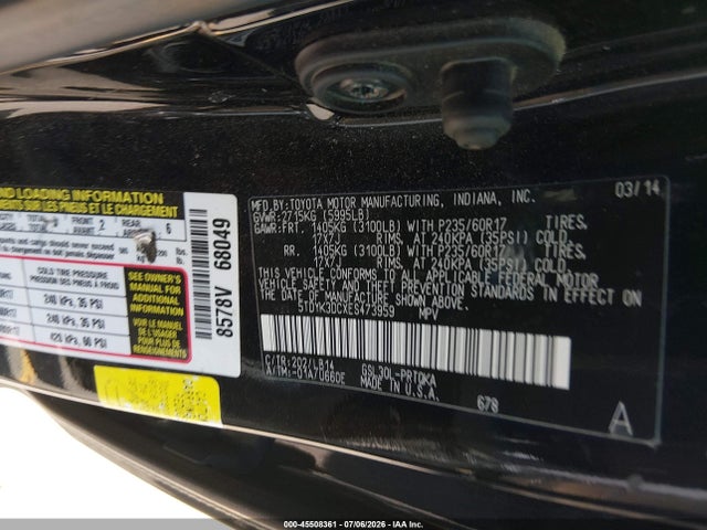 5TDYK3DCXES473959 Toyota Sienna Xle V6 8 Passenger