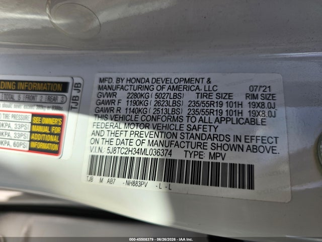 2021 Acura Rdx მანქანა იყიდება აუქციონზე, vin: 5J8TC2H34ML036374, აუქციონის ნომერი: 45508379
