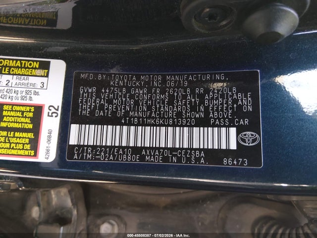 4T1B11HK6KU813920 Toyota CAMRY SE