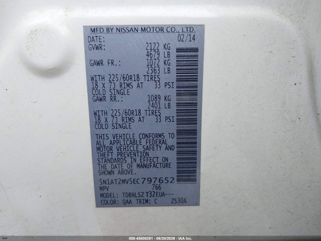 Aukcja sprzedaży 2014 Nissan Rogue Sl, vin: 5N1AT2MV5EC797652, numer aukcji: 45508391