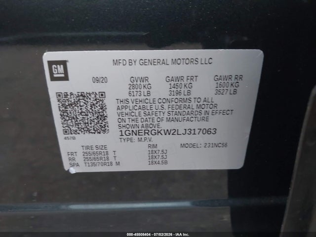 1GNERGKW2LJ317063 Chevrolet Traverse Fwd Lt Cloth