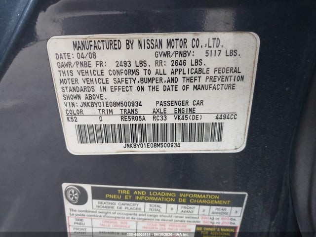 2008 Infiniti M45 მანქანა იყიდება აუქციონზე, vin: JNKBY01E08M500934, აუქციონის ნომერი: 45508414