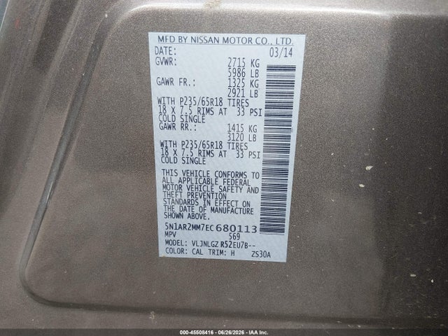 Nissan Pathfinder Sl 2014 5N1AR2MM7EC680113 Image 9