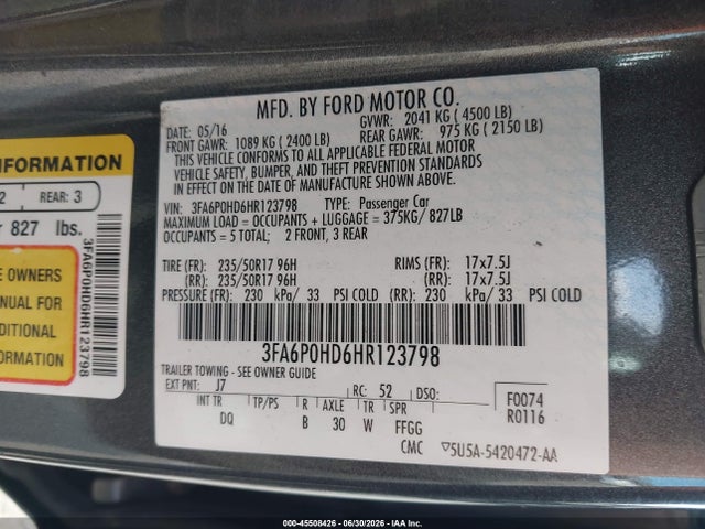 Aukcja sprzedaży 2017 Ford Fusion Se, vin: 3FA6P0HD6HR123798, numer aukcji: 45508426