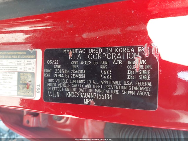 45508450 :رقم المزاد ، KNDJ23AU4N7155134 vin ، 2022 Kia Soul X-line مزاد بيع