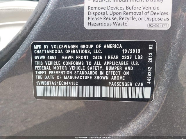 2014 Volkswagen Passat 2.0l Tdi Se მანქანა იყიდება აუქციონზე, vin: 1VWBN7A31EC044152, აუქციონის ნომერი: 45508461