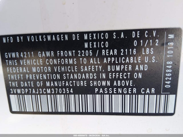 45508470 :رقم المزاد ، 3VWDP7AJ3CM370354 vin ، 2012 Volkswagen Jetta 2.5l Se مزاد بيع