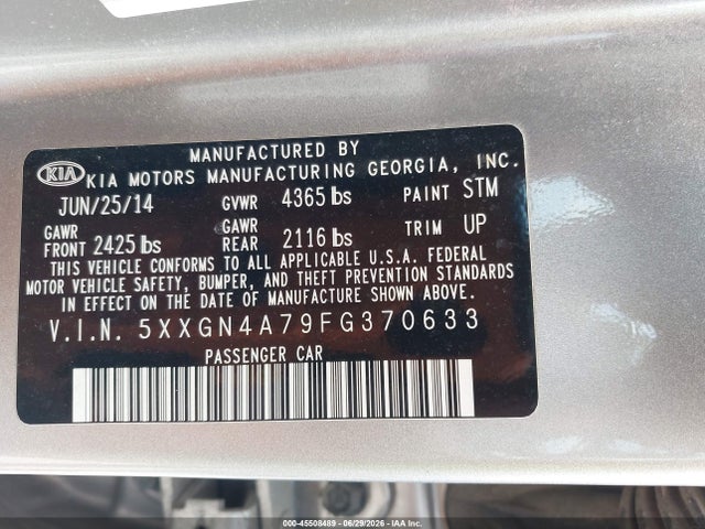 45508489 :رقم المزاد ، 5XXGN4A79FG370633 vin ، 2015 Kia Optima Ex مزاد بيع