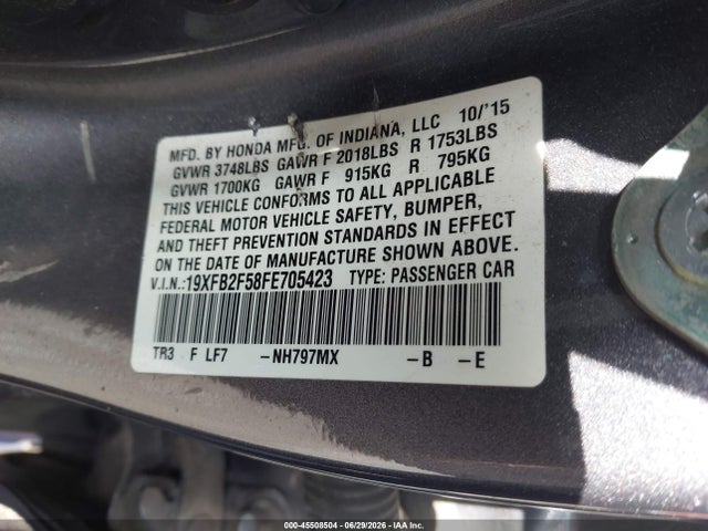 Aukcja sprzedaży 2015 Honda Civic Lx, vin: 19XFB2F58FE705423, numer aukcji: 45508504