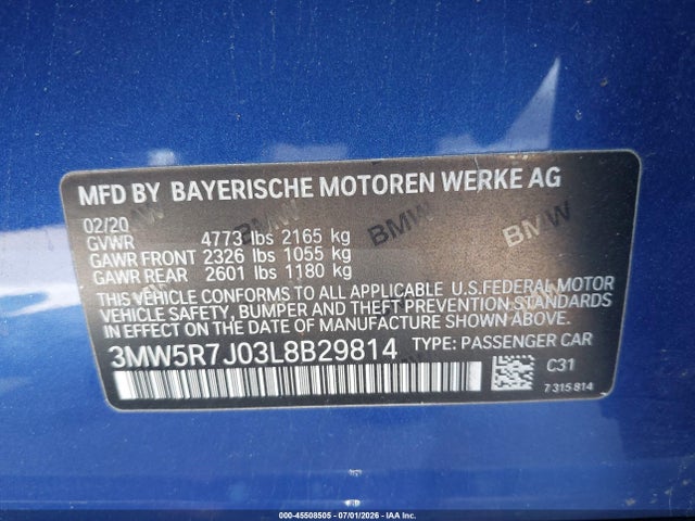 45508505 :رقم المزاد ، 3MW5R7J03L8B29814 vin ، 2020 Bmw 330i Xdrive مزاد بيع