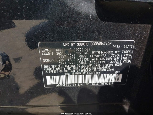 Продаж на аукціоні авто 2019 Subaru Ascent Touring, vin: 4S4WMARD1K3436184, номер лоту: 45508507