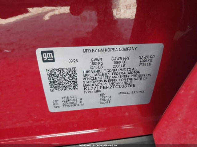 Aukcja sprzedaży 2026 Chevrolet Trax Fwd Ls, vin: KL77LFEP2TC036769, numer aukcji: 45508511