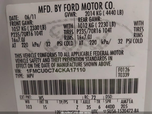 Aukcja sprzedaży 2012 Ford Escape Xls, vin: 1FMCU0C74CKA17110, numer aukcji: 45508546