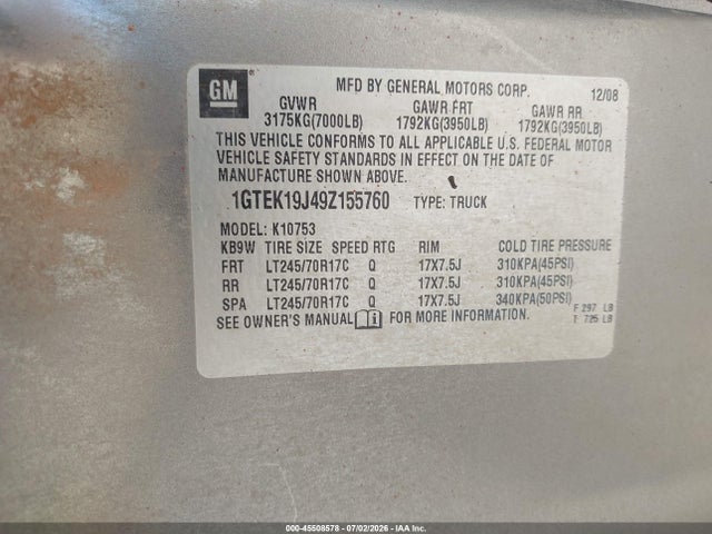 Продаж на аукціоні авто 2009 Gmc Sierra 1500 Work Truck, vin: 1GTEK19J49Z155760, номер лоту: 45508578